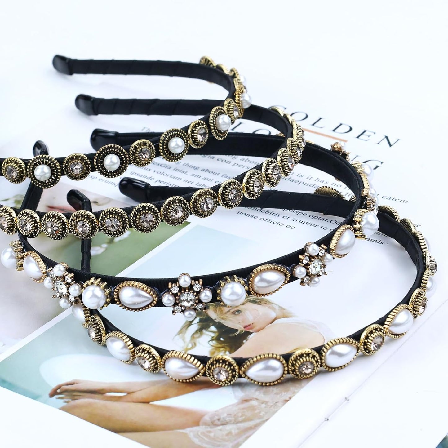 4 Pieces Luxury Vintage Rhinestone Pearl Baroque Headbands Hair Bands Hoops Headpieces for Women Girls